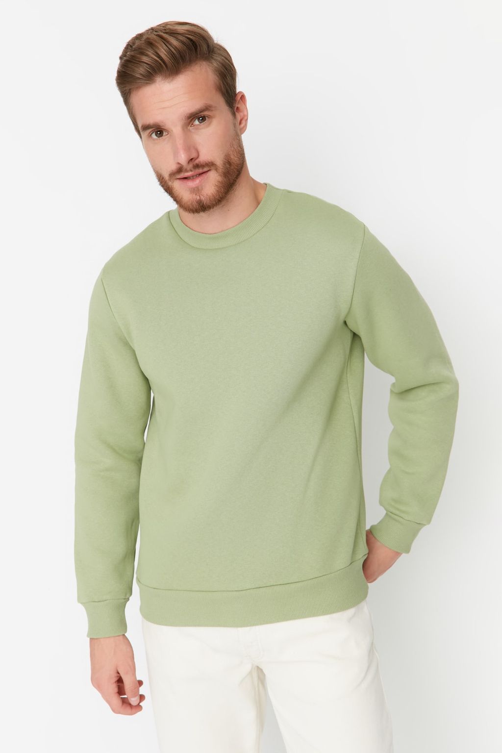 Yesil Bisiklet Yaka Regular/Normal Kesim Mistik Bask?l? Ici Polarl? Sweatshirt TMNAW23SW00303