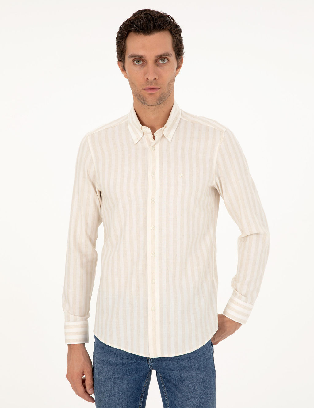 Bej Slim Fit _izgili Keten Kar___ml_ G_mlek