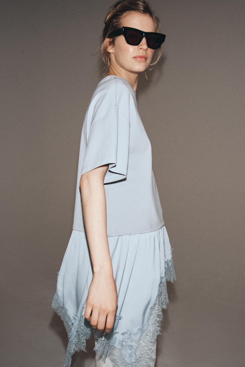 CAMISETA COMBINADA ENCAJE / Azul pastel - Zara фото 3