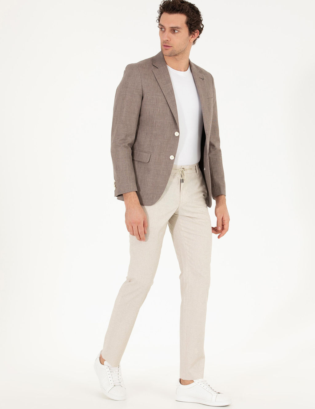Kahverengi Slim Fit Keten Kar___ml_ Ceket