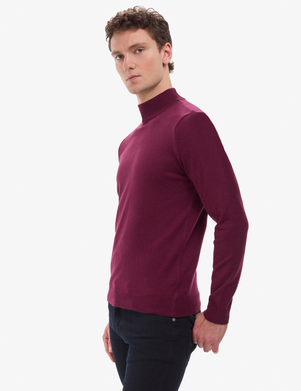 Bordo Slim Fit Yar_m Bal_k__ Yaka Basic Triko Kazak