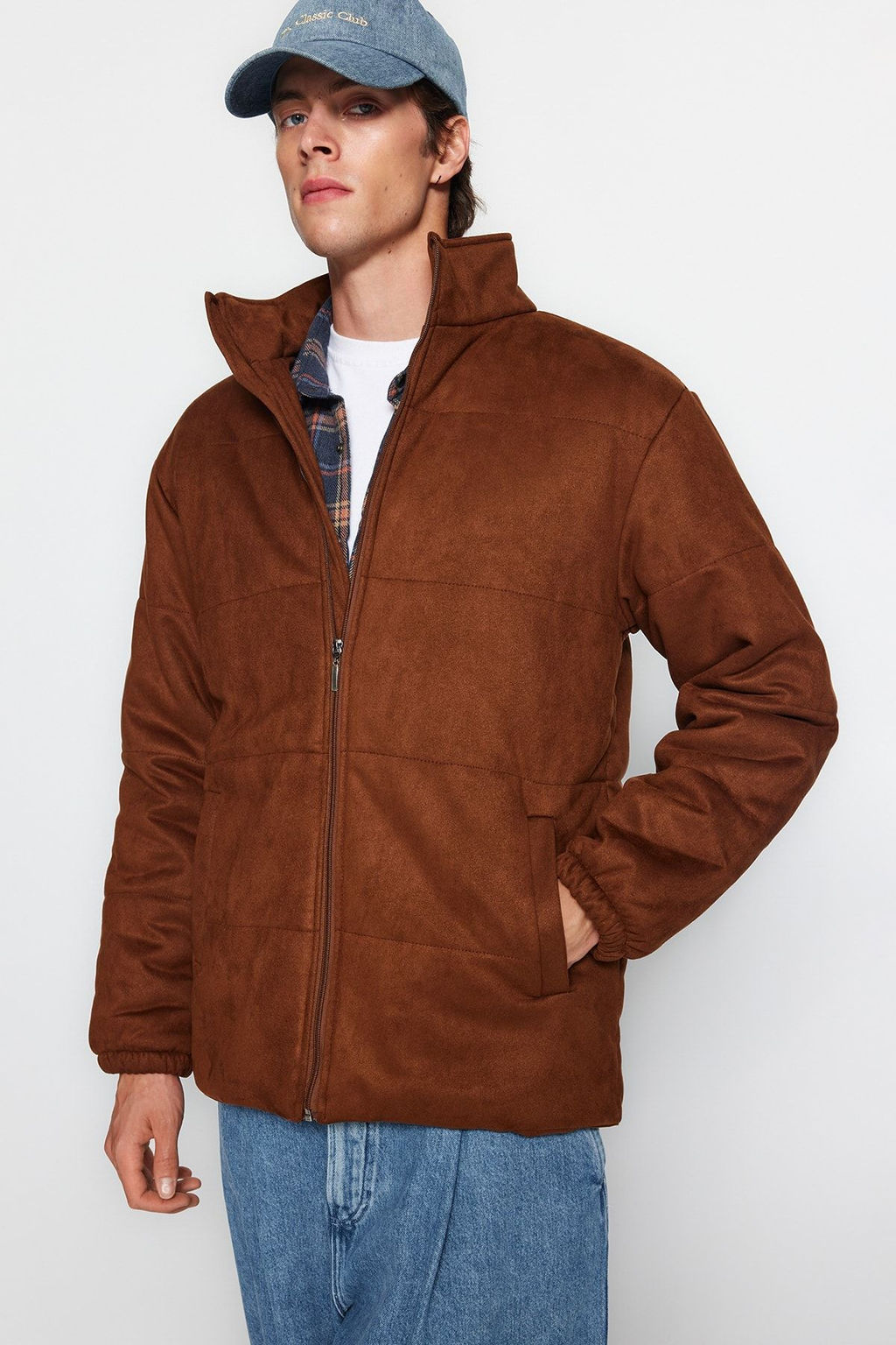 Trendyolmilla Man Kahverengi Regular Fit Suet Dik Yaka Hafif Dolumlu Ceket Mont TMNAW24MO00011  фото 5