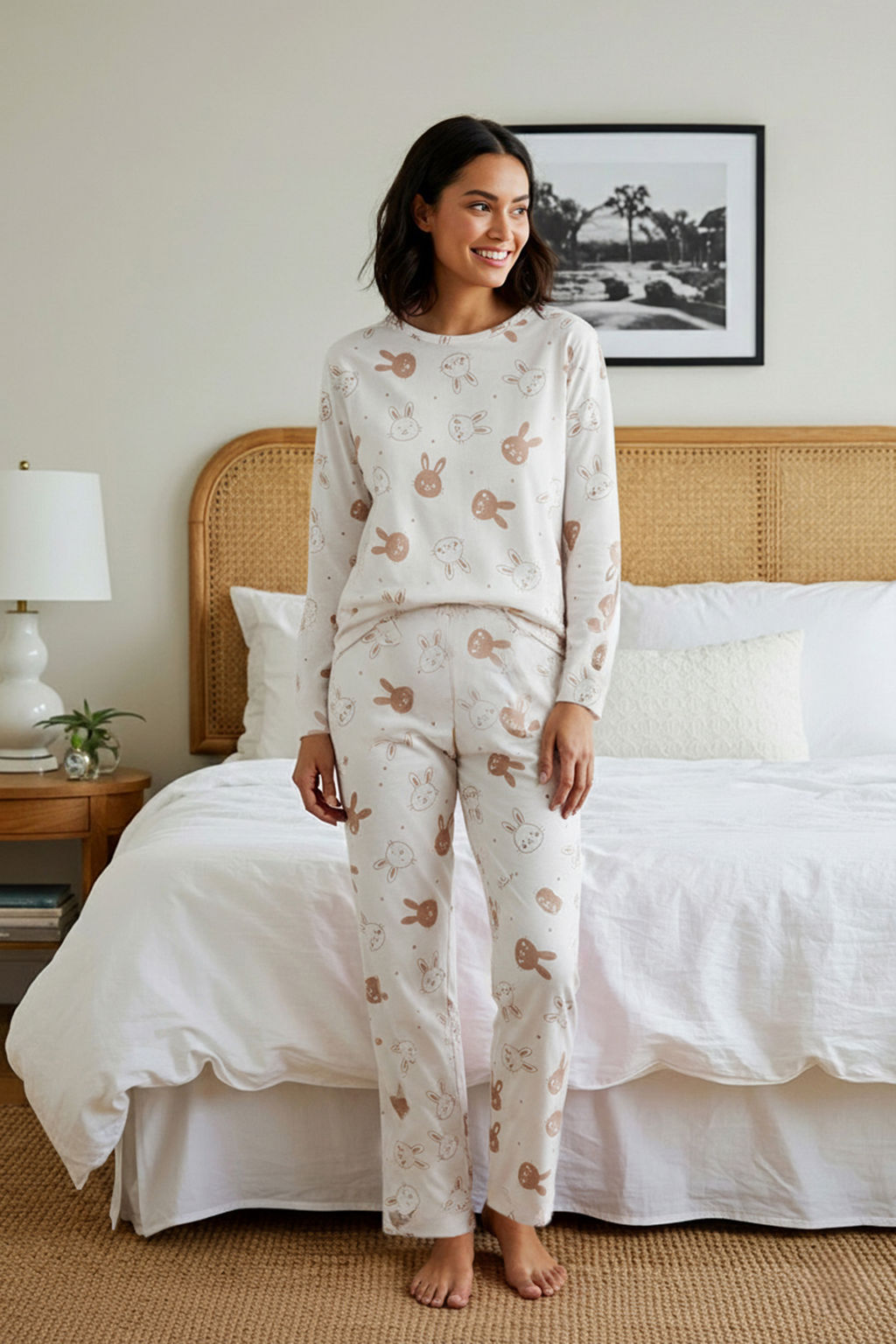 Ekru %100 Pamuk Tavsan Desenli Orme Pijama Tak?m? THMAW26PT00162