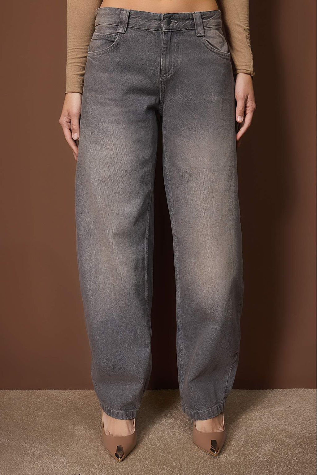 Gri Dusuk Bel Baggy Jeans TWOAW26JE00303