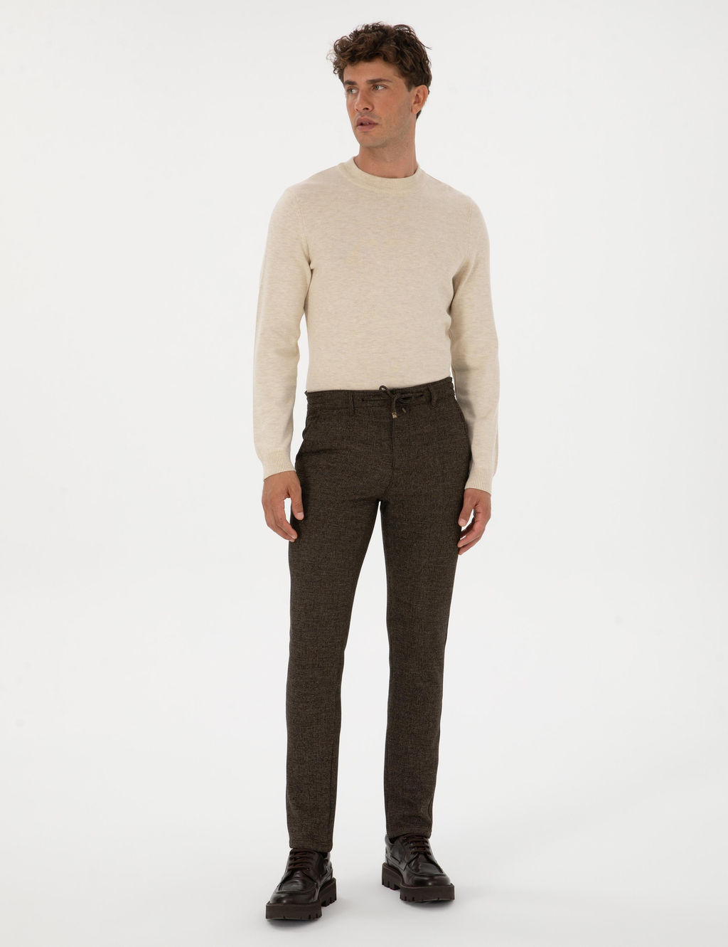 Kahverengi Slim Fit Beli Lastikli Kordonlu Kanvas Pantolon