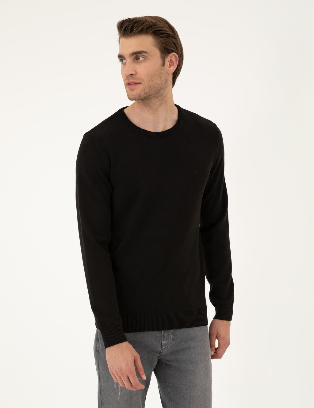 Siyah Slim Fit Bisiklet Yaka Basic Triko Kazak