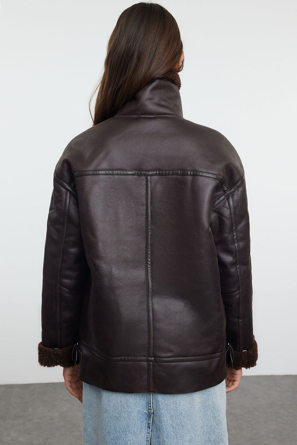 Vizon Regular Kal?p Yakas? Kemer Detayl? Peluslu Suet Biker Ceket Mont TWOAW25MO00011 - Trendyolmilla фото 15