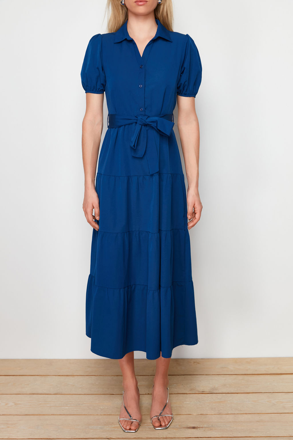 TRENDYOLMILLA Indigo Genis Kesim Gomlek Yaka Maxi Dokuma Elbise TWOSS24EL00861  фото 4