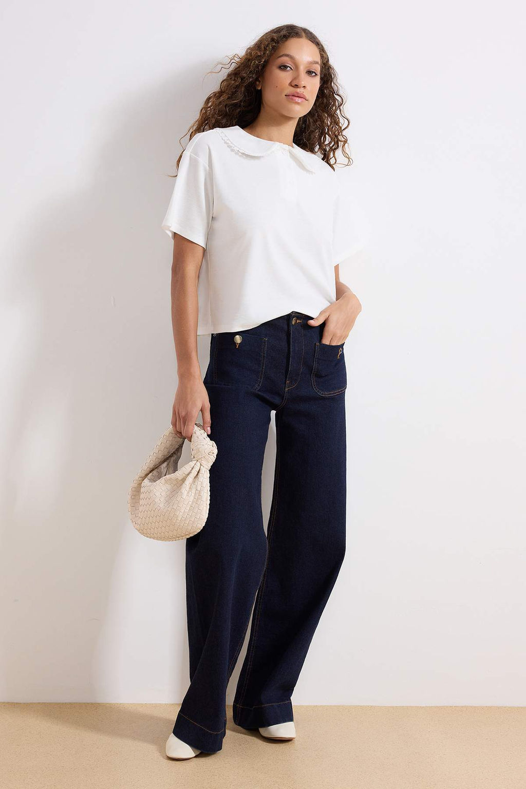 Ekru Regular/Normal Kal?p Polo Yaka Dantel Detayl? Pamuk Ribana Orme Bluz TWOSS26BZ00202 - Trendyolmilla фото 2