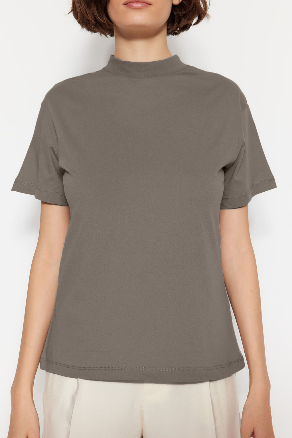 Yag Yesili-Gri 2li Paket %100 Pamuk Basic Dik Yaka Orme T-Shirt TWOSS20TS1500