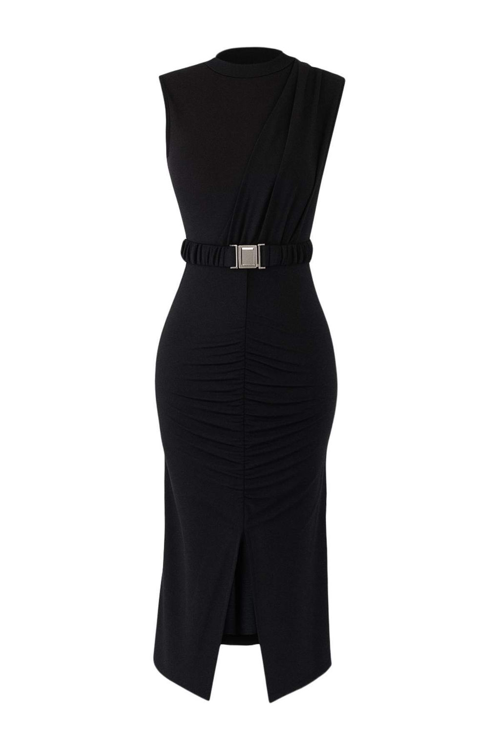 TRENDYOLMILLA Siyah Fitted/ Vucuda Oturan Kolsuz Drape Detayl? Kemerli Midi Esnek Orme Kalem Elbise TWOSS22EL0756 фото 2