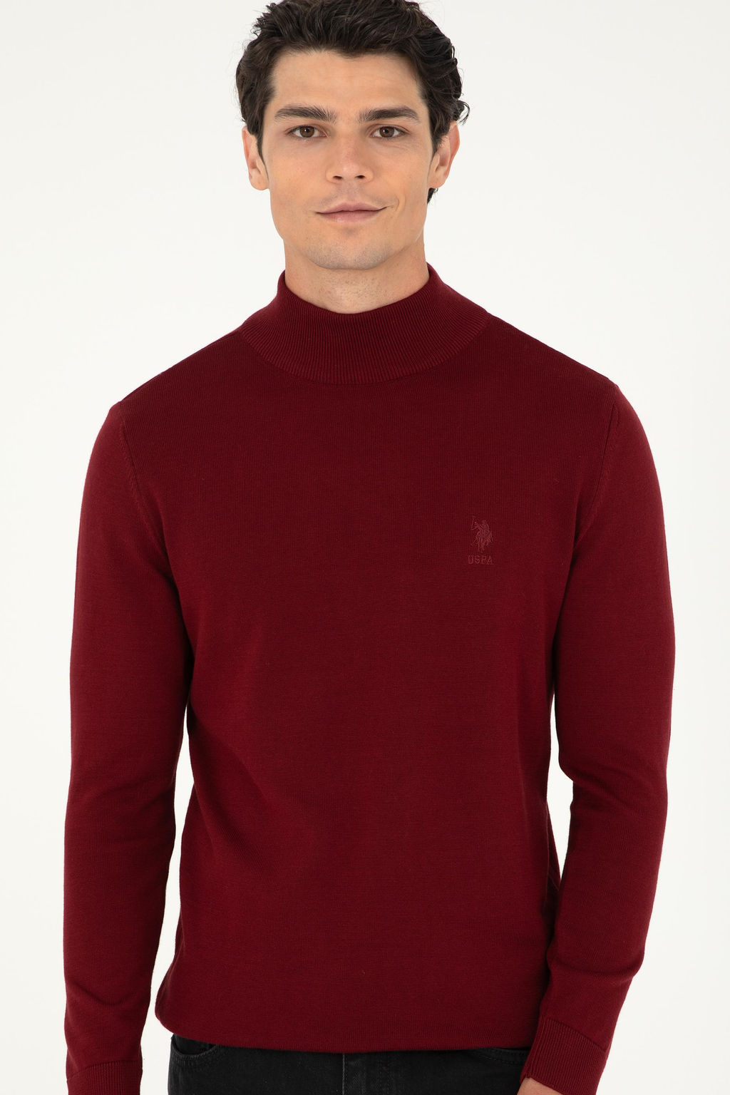 Erkek Slim Fit Yar_m Bo_azl_ Bordo Basic Kazak