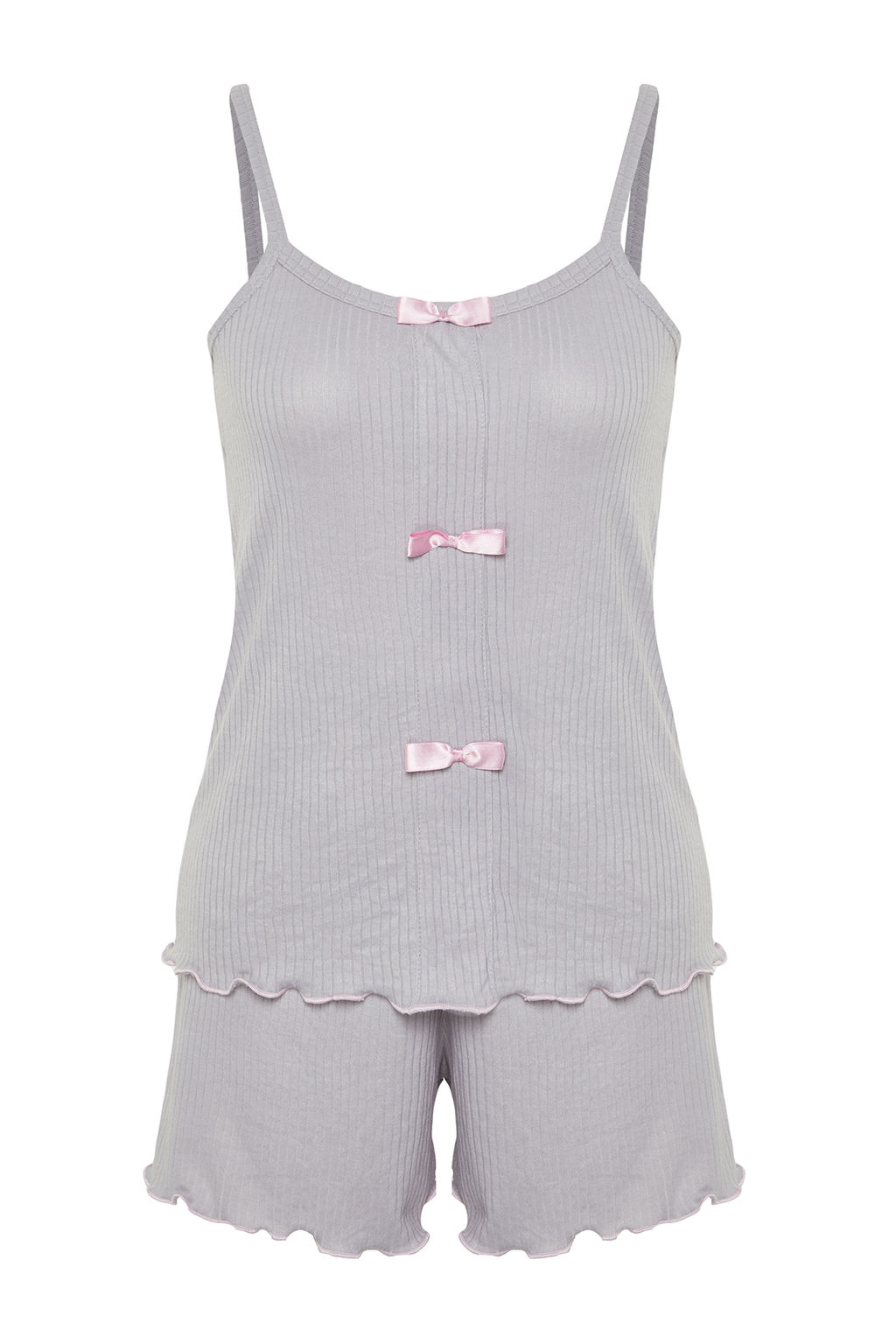 Trendyolmilla Ac?k Pembe Kurdele/Fiyonk Detayl? Ip Ask?l? Fitilli Sortlu Orme Pijama Tak?m? THMSS24PT00356  фото 15