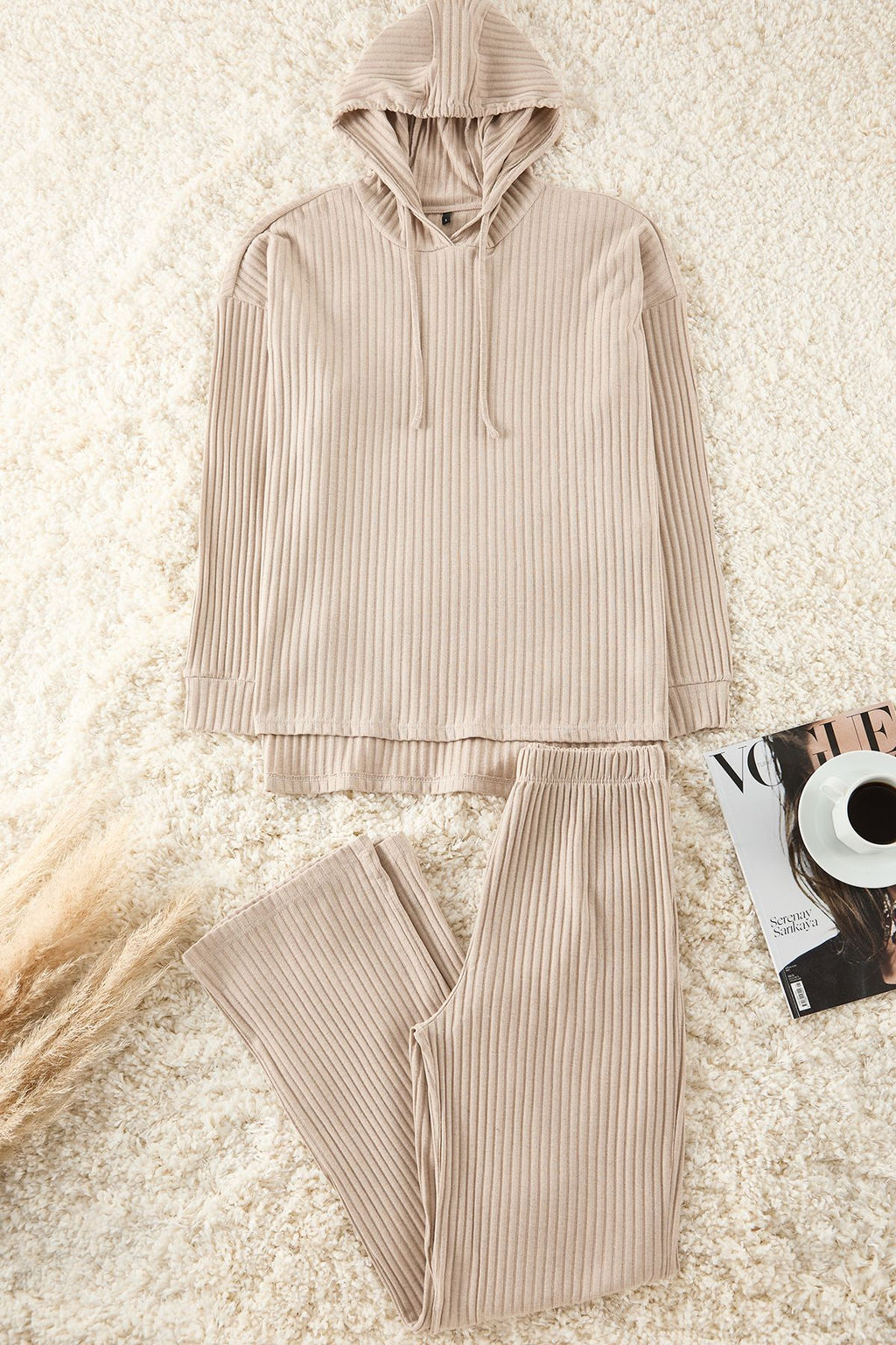 Koyu Bej Kapusonlu Fitilli Orme Pijama Tak?m? THMAW22AU0334