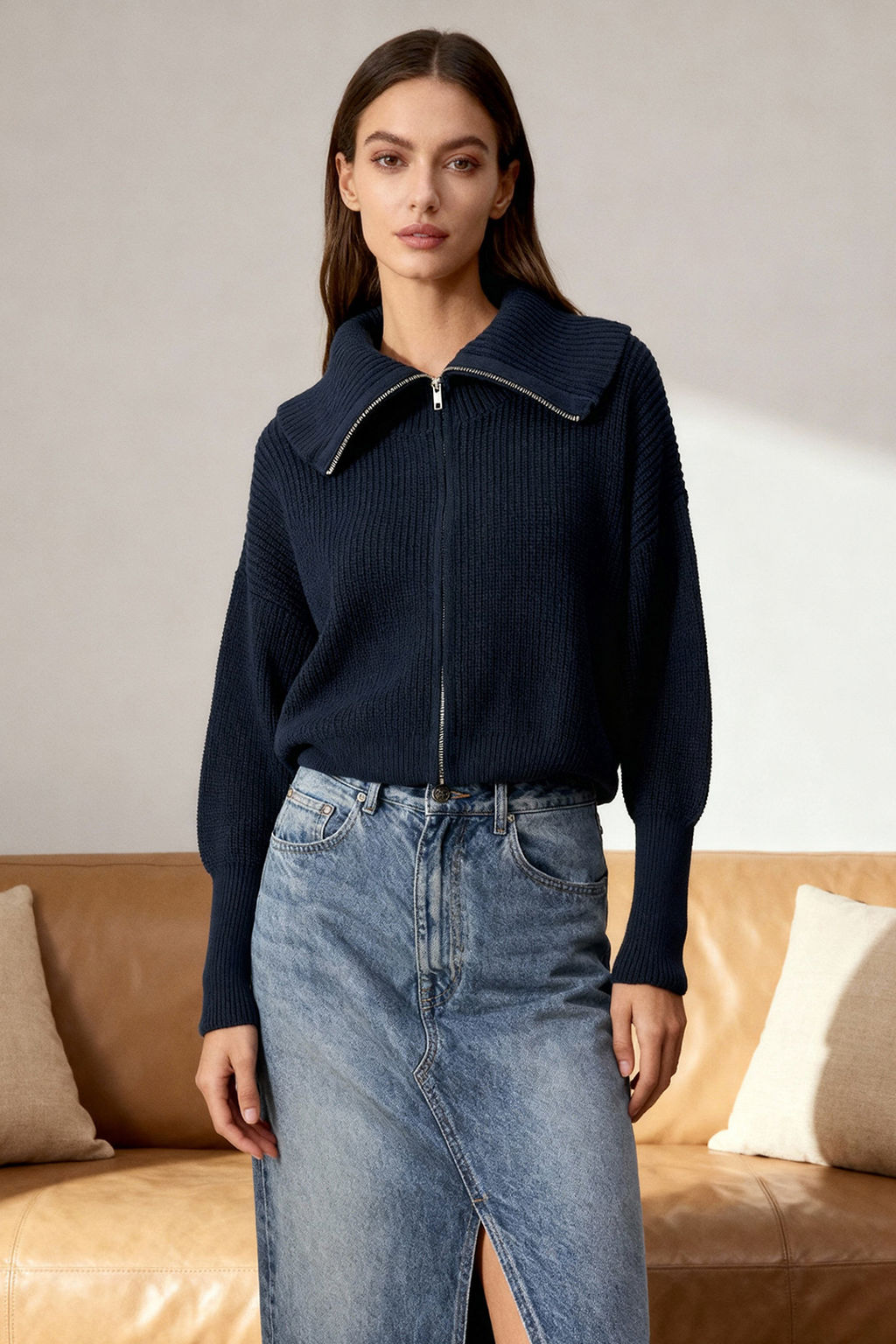 Lacivert Genis Kal?p Devrik Yaka Fermuarl? Triko H?rka TWOAW24HI00072