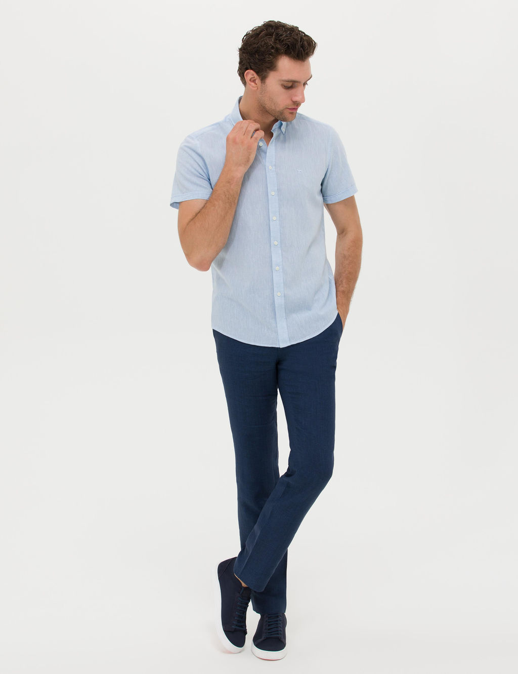 A__k Mavi Slim Fit Keten Kar___ml_ K_sakol G_mlek