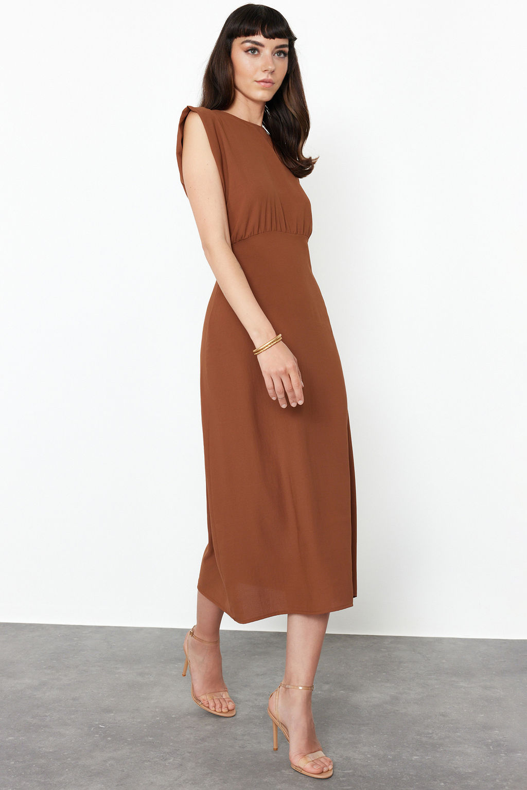 Kahverengi A Kesim Midi Dokuma Elbise TWOSS24EL00601