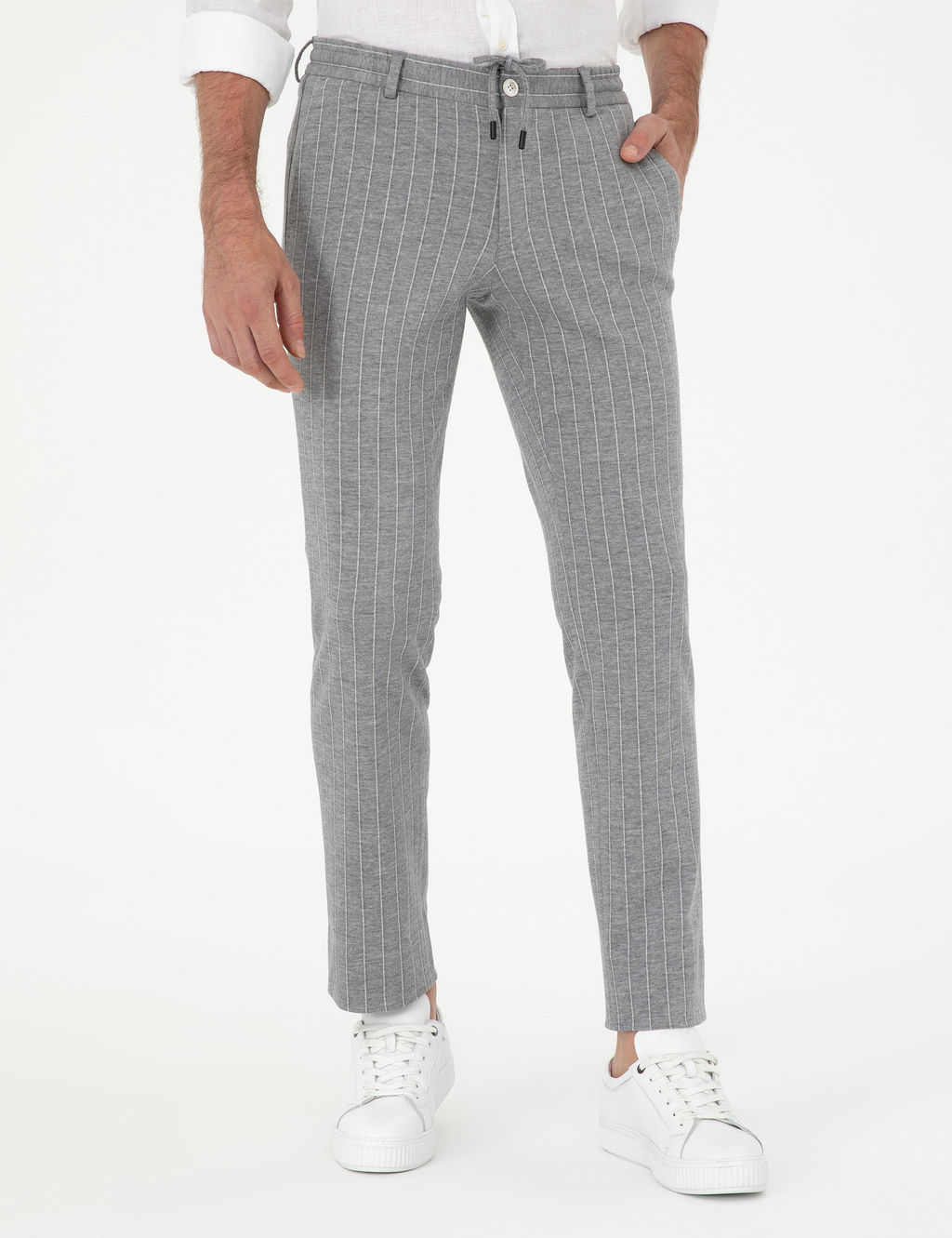 A__k Gri Slim Fit Y_n Kar___ml_ _izgili Pantolon