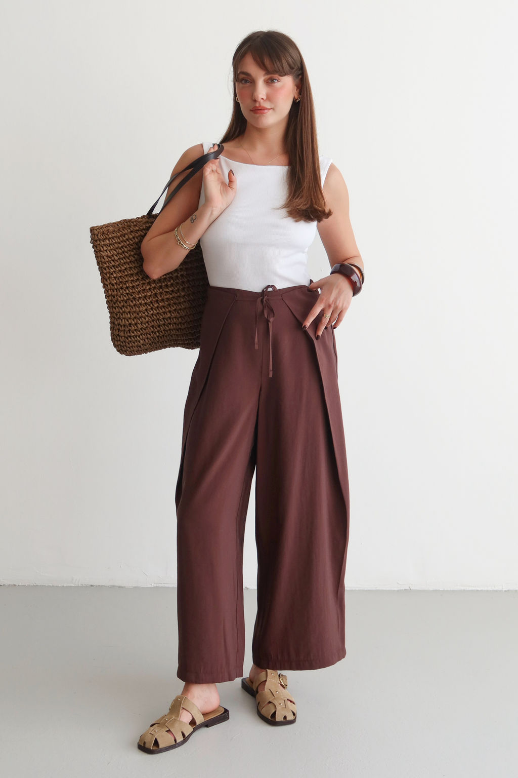 Kahverengi Dokuma Genis Paca Kapama Detayl? Pantolon TWOSS26PL00080 - Trendyolmilla фото 2