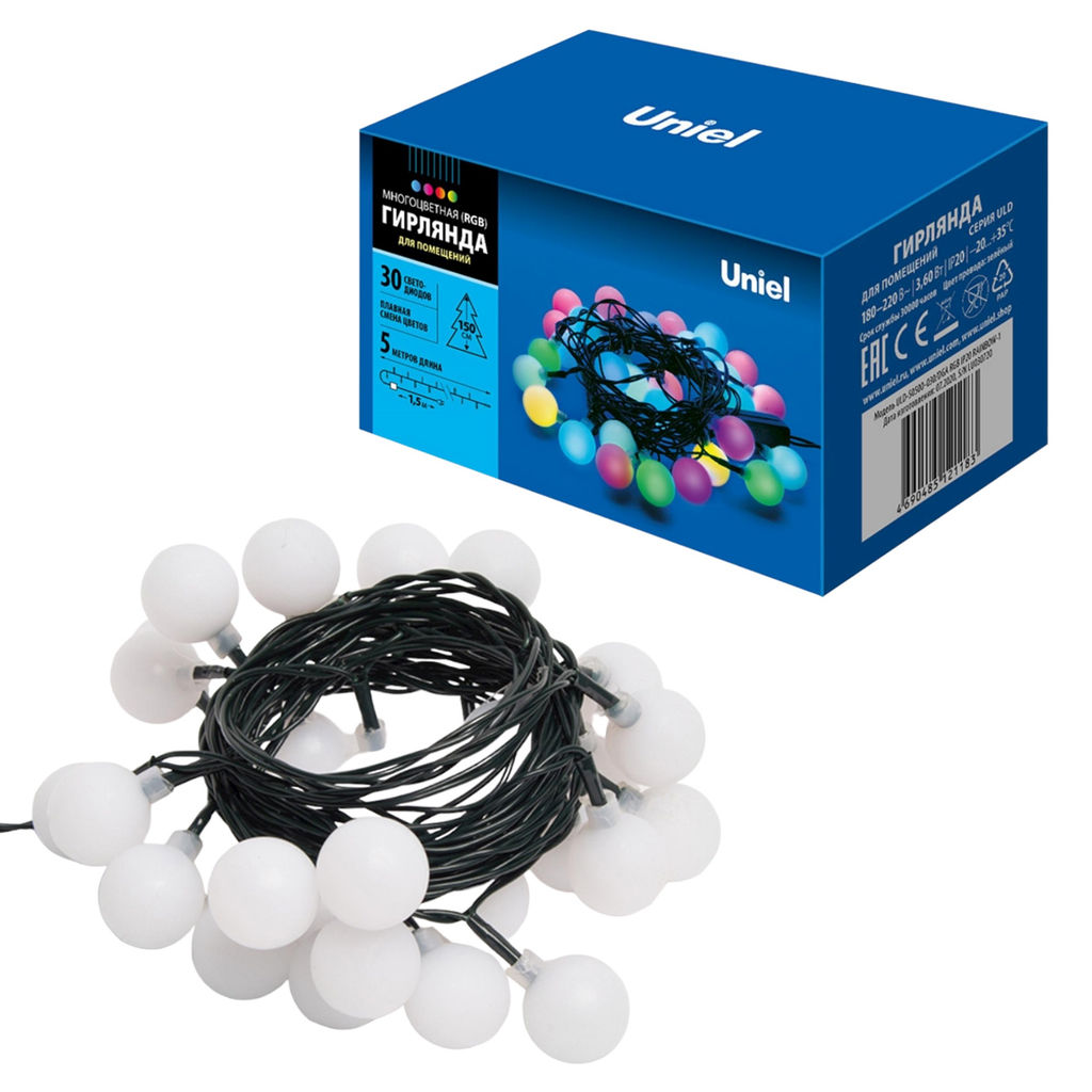 ULD-S0500-030/DGA RGB IP20 RAINBOW-1 Гирлянда светодиодная Радуга-1, 5м. 30 светодиодов. RGB свет. Провод зеленый. ТМ Uniel