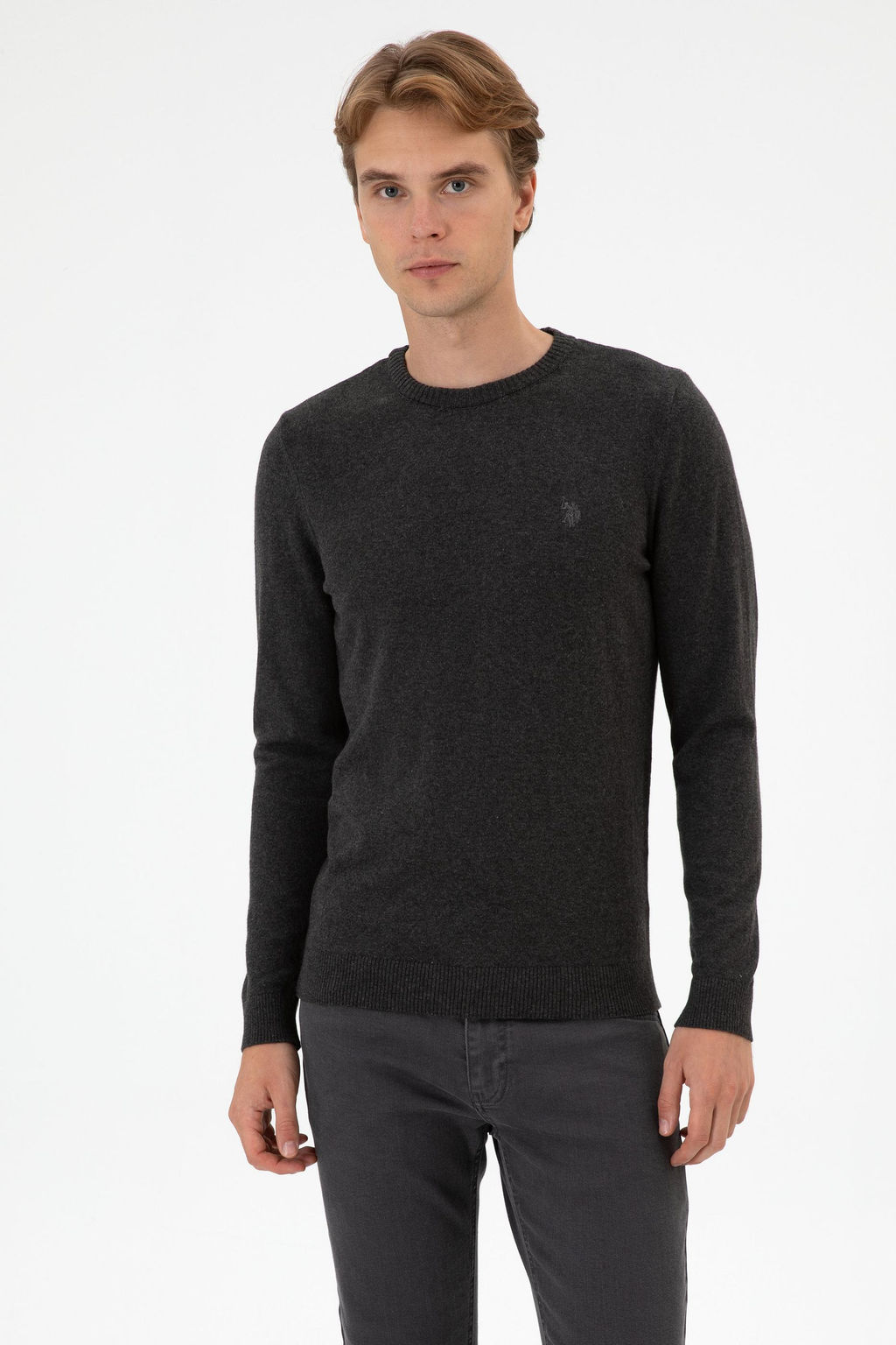 Erkek Slim Fit Bisiklet Yaka Antrasit Melanj Basic Kazak - U.s. polo assn фото 2