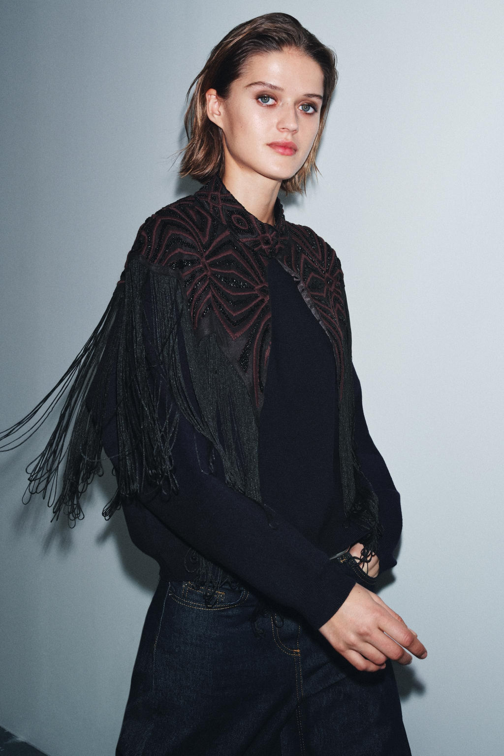 BEADED TULLE TOP WITH FRINGING