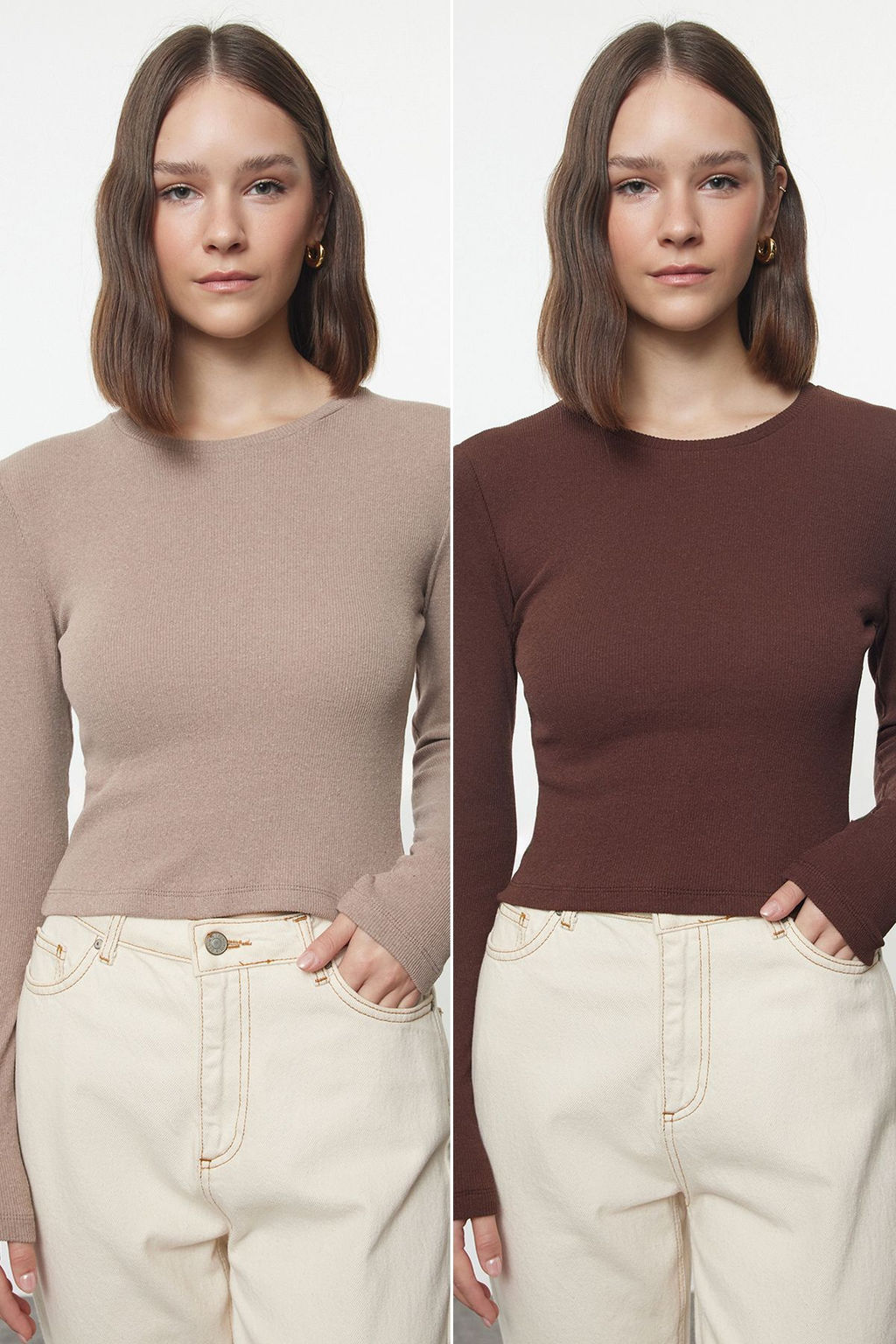 Kahverengi-Bej 2li Paket Vucuda Oturan Bisiklet Yaka Fitilli Crop Esnek Orme Bluz TWOAW22BZ0331