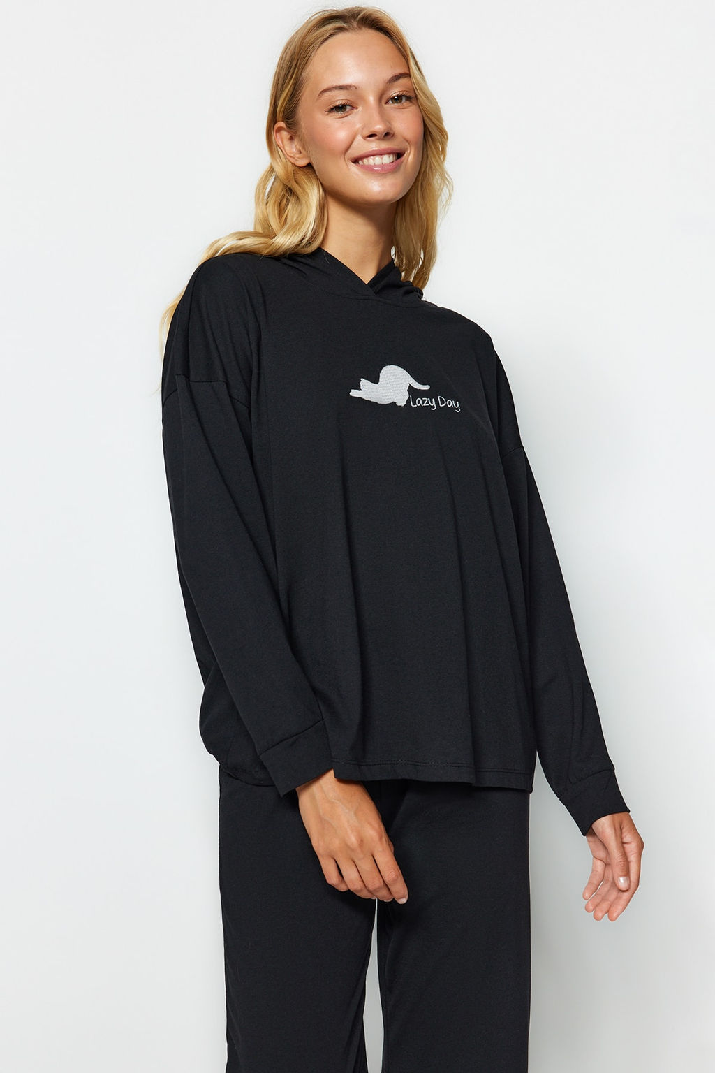 Siyah Kedi Bask?l? Sweatshirt-Pantolon Orme Pijama Tak?m? THMAW24PT00044 - Trendyolmilla фото 3