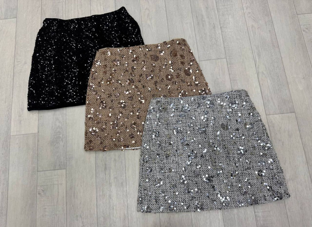 K13285 Юбка твидовая с пайетками СЕРЕБРО