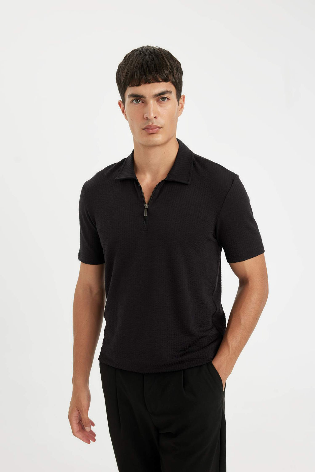 Slim Fit Dar Kesim Yar?m Fermuarl? K?sa Kollu Krink?l Polo Tisort - Defacto фото 4