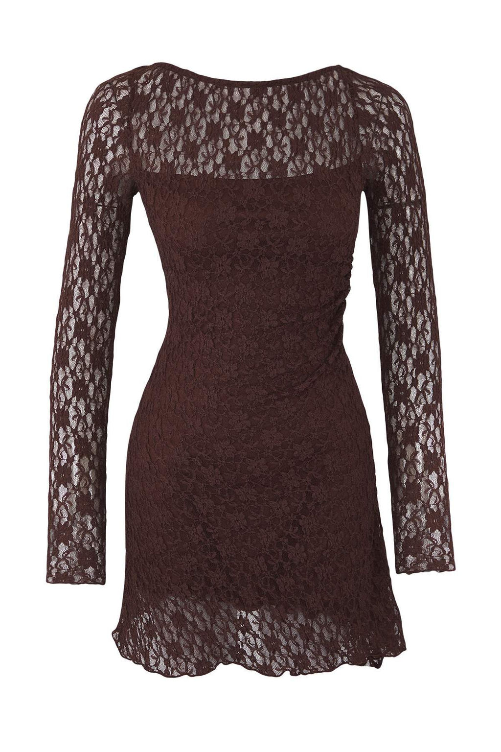 Kahverengi S?rt Dekolteli Asimetrik Detayl? Mini/K?sa Dantel Esnek Orme Elbise TWOSS25EL00903 - Trendyolmilla фото 5