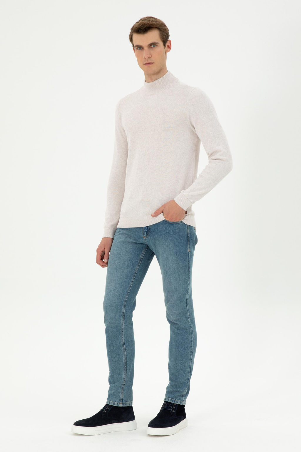 Erkek Slim Fit Yar_m Bal_k__ Yaka Ta_ Melanj Basic Kazak