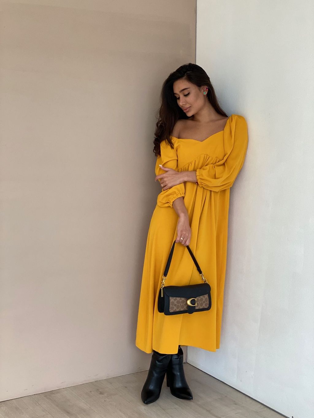 Платье-миди с пышными рукавами в цвете манго - Martichelli фото 30