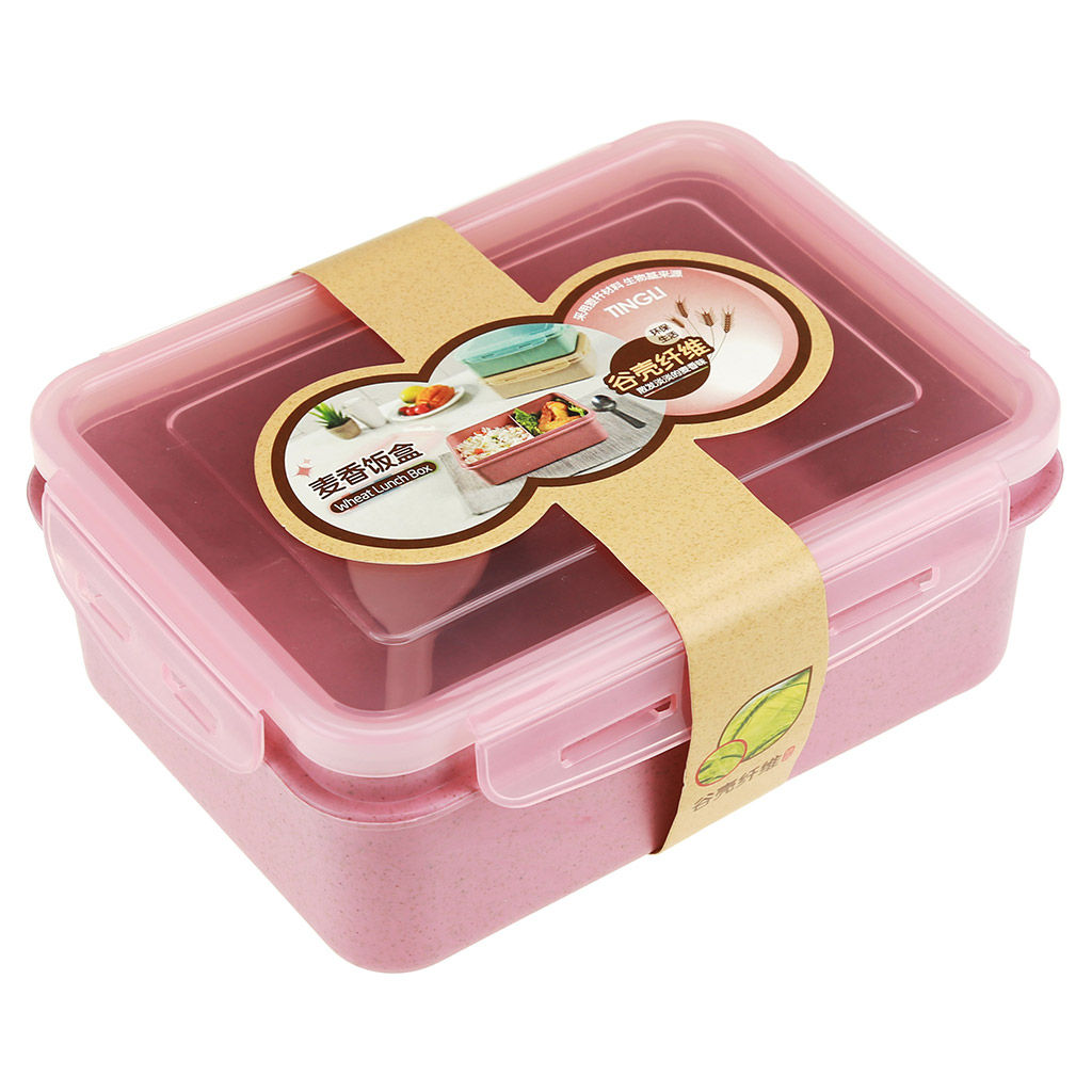 Ланч-бокс для продуктов пластмассовый Эко дом 17,5х13см h7см, 2 отделения 0,85л, с ложкой 13см, крышка прозрачная, с клипсами, с уплотнителем, цвета в ассортименте: бежевый, розовый, голубой (Китай) Пластик с добавлением пшеничных волокон.