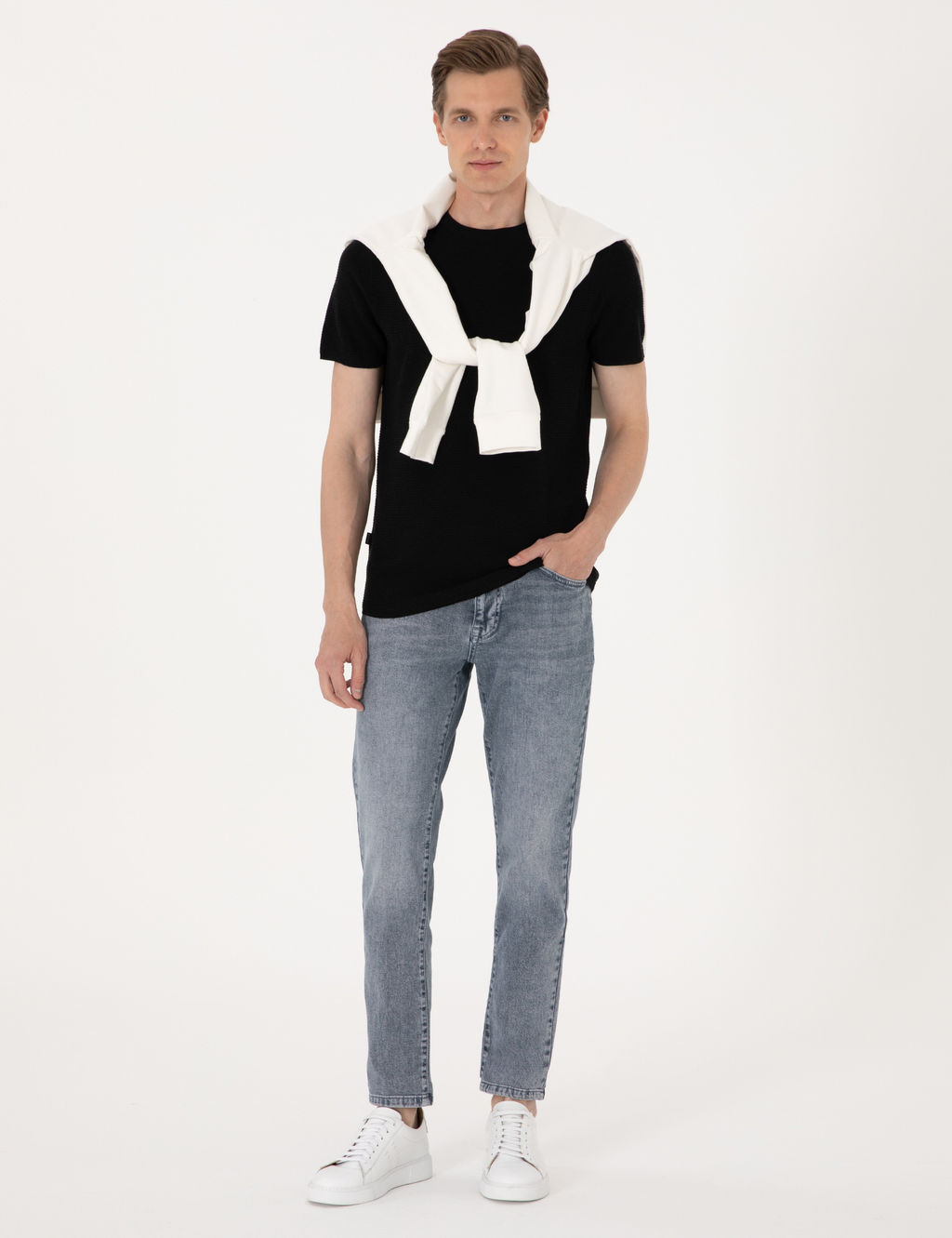 Siyah Slim Fit Keten Kar___ml_ Bisiklet Yaka Triko Ti__rt