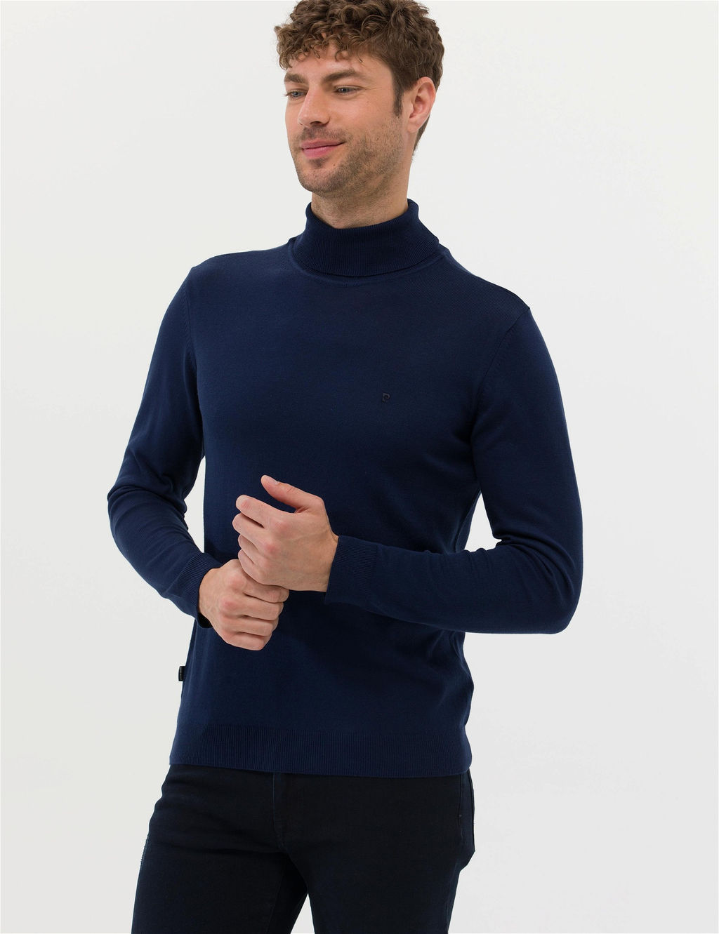 A__k Lacivert Slim Fit Bal_k__ Yaka Basic Triko Kazak