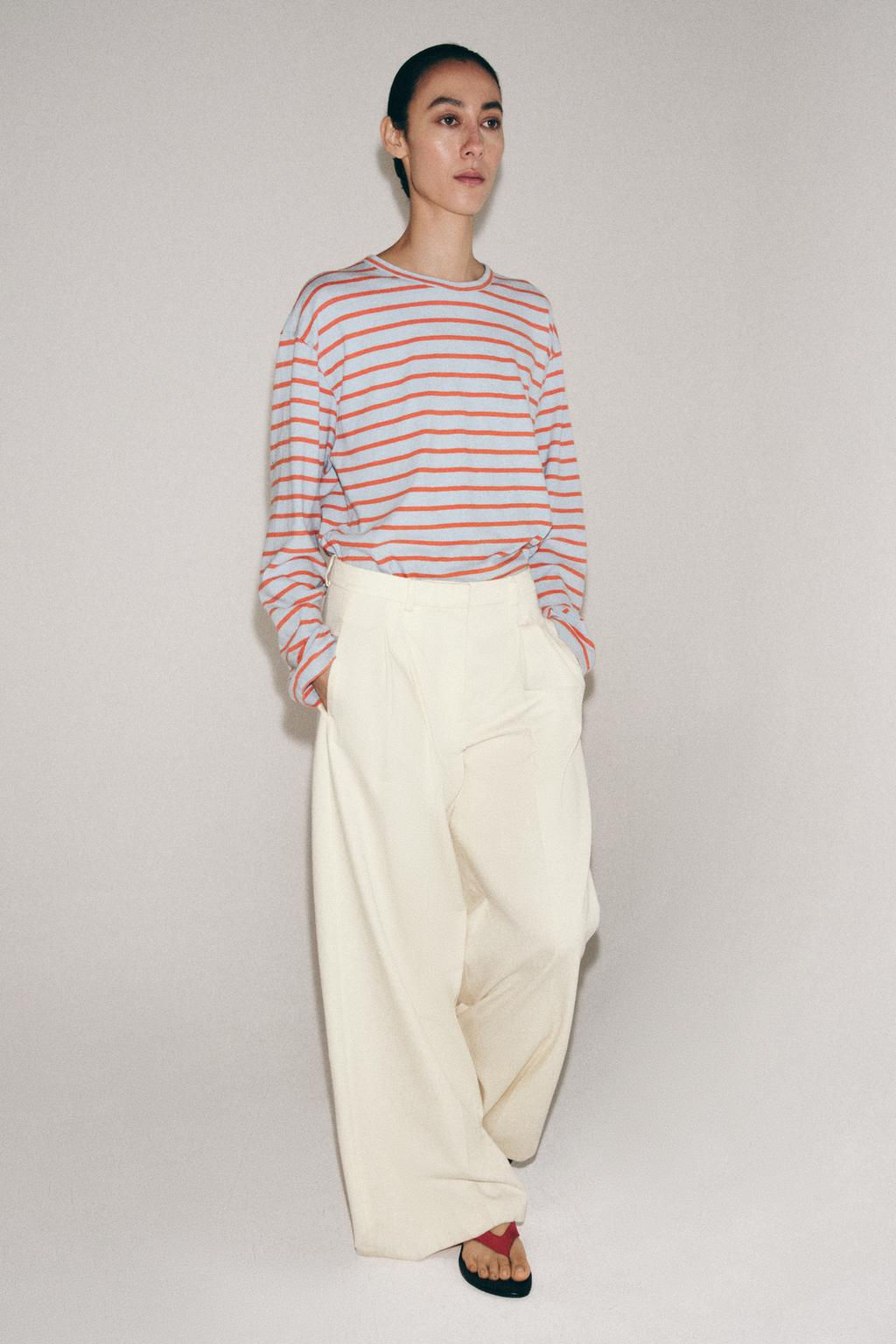 CAMISETA ALGOD?N Y LINO RAYAS / Rosa pastel - Zara фото 20