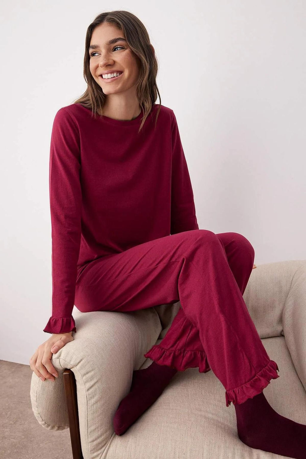 Bordo %100 Pamuklu F?rf?rl? Orme Pijama Tak?m? THMAW26PT00057