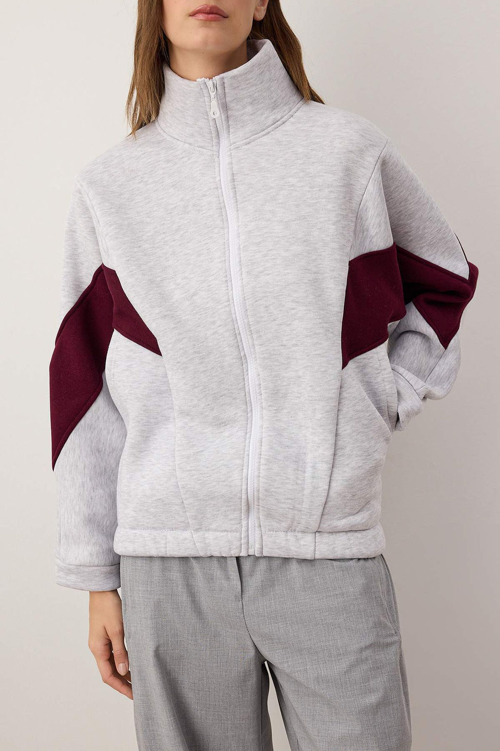 Gri Melanj Bordo Renk Bloklu Fermuarl? Dik Yaka Oversize Bomber Orme Sweatshirt TWOAW26SW00037