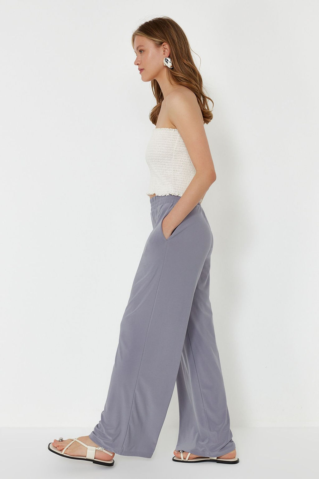 TRENDYOLMILLA Siyah Wide Leg/Rahat Kesim Yuksek Bel Esnek Orme Pantolon TWOSS23PL00129  фото 33
