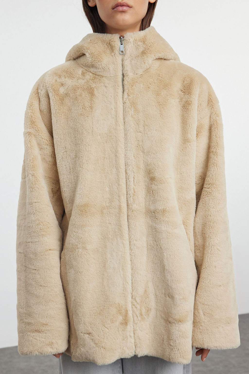 Ekru Oversize Cift Tarafl? Kapusonlu Suet-Pelus Mont TWOAW25MO00009 - Trendyolmilla фото 4