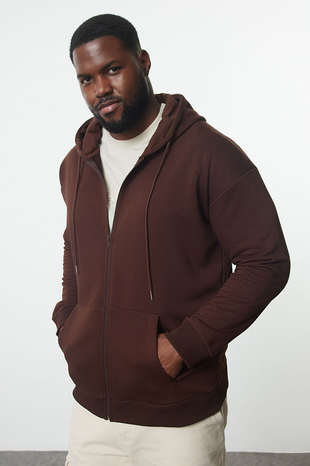 Kahverengi Buyuk Beden Oversize Basic Kapusonlu Fermuarl? Ici Polar Pamuk Sweatshirt TMNAW24AO00003