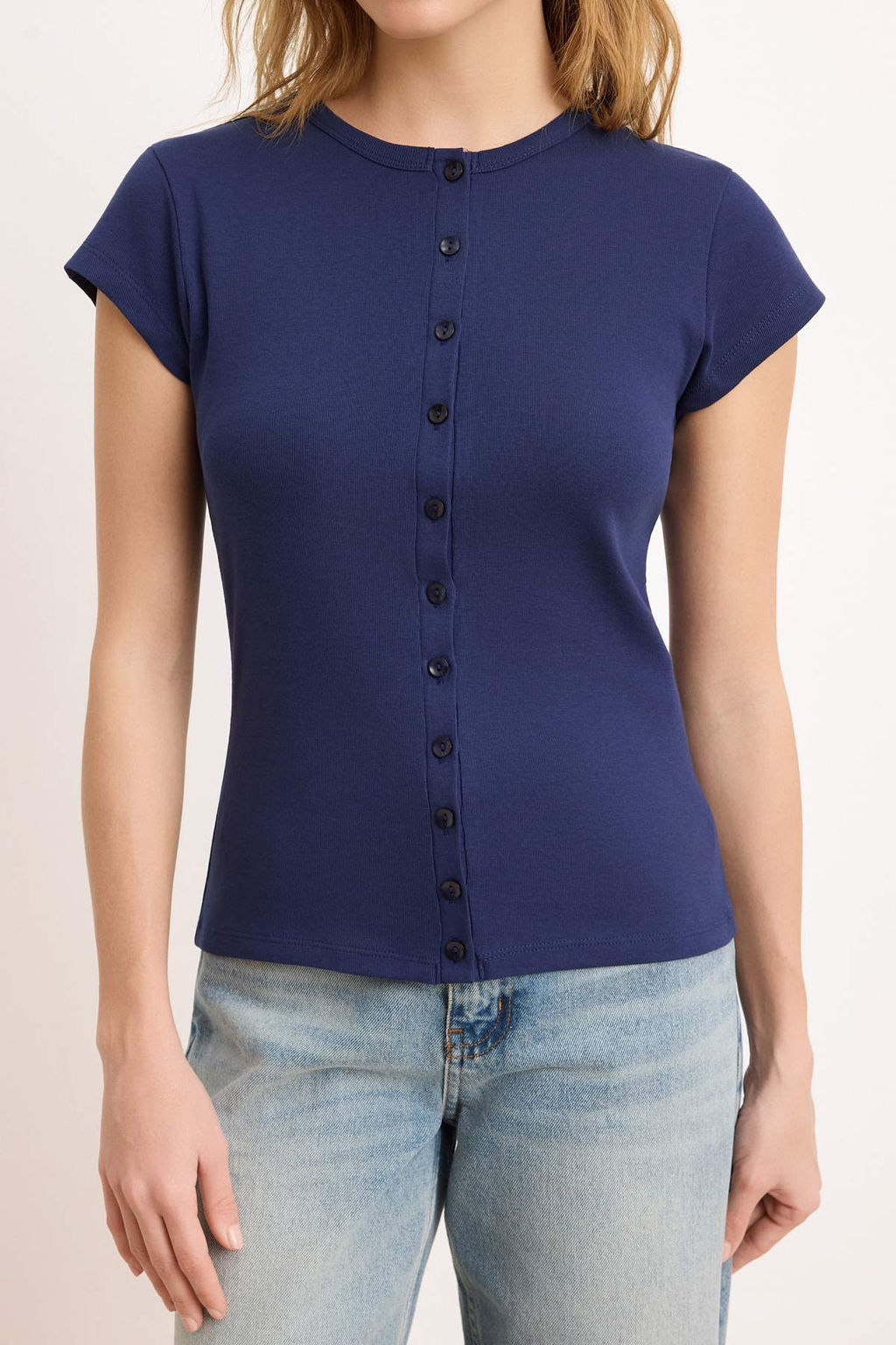 Lacivert Dugmeli Fitted/Vucuda Oturan Orme Bluz TWOSS25BZ00281