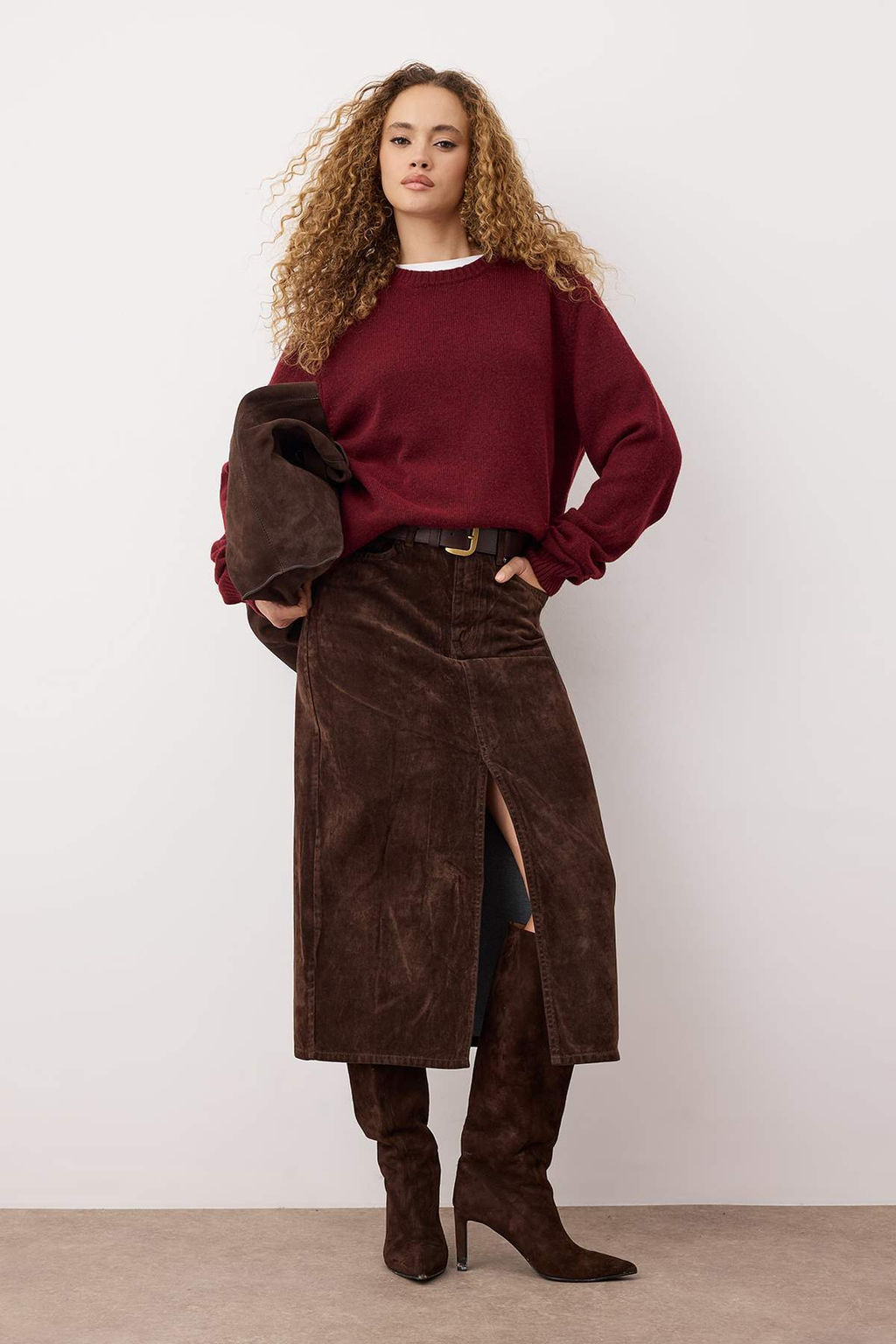 Kahverengi Suet Gorunumlu Flok Bask?l? Midi Denim Etek TWOAW26ET00096 - Trendyolmilla фото 2