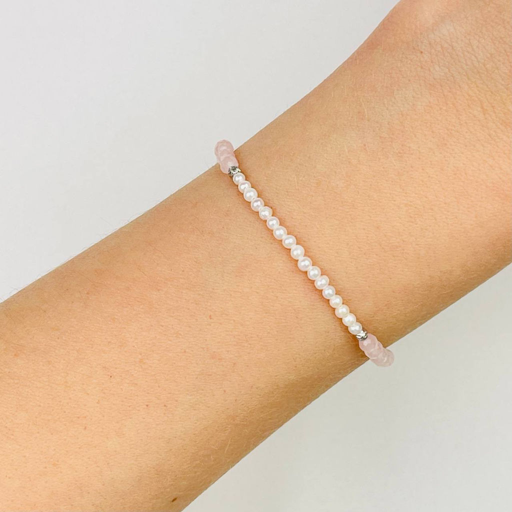 Браслет из Розового кварц а и Жемчуга 18 см +