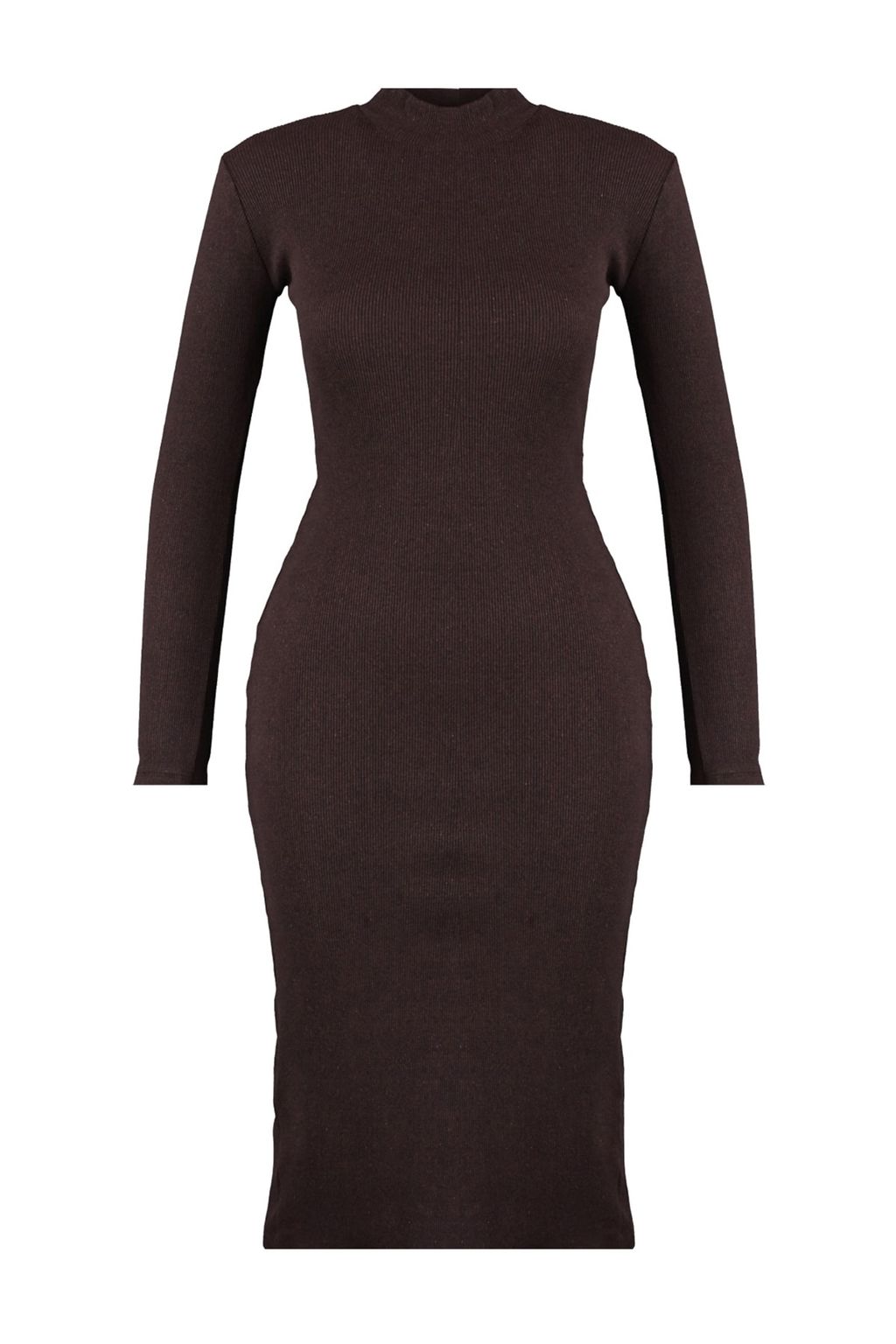 Kahverengi Vucuda Oturan Y?rtmacl? Bisiklet Yaka Midi Fitilli Esnek Orme Elbise TWOAW21EL0135