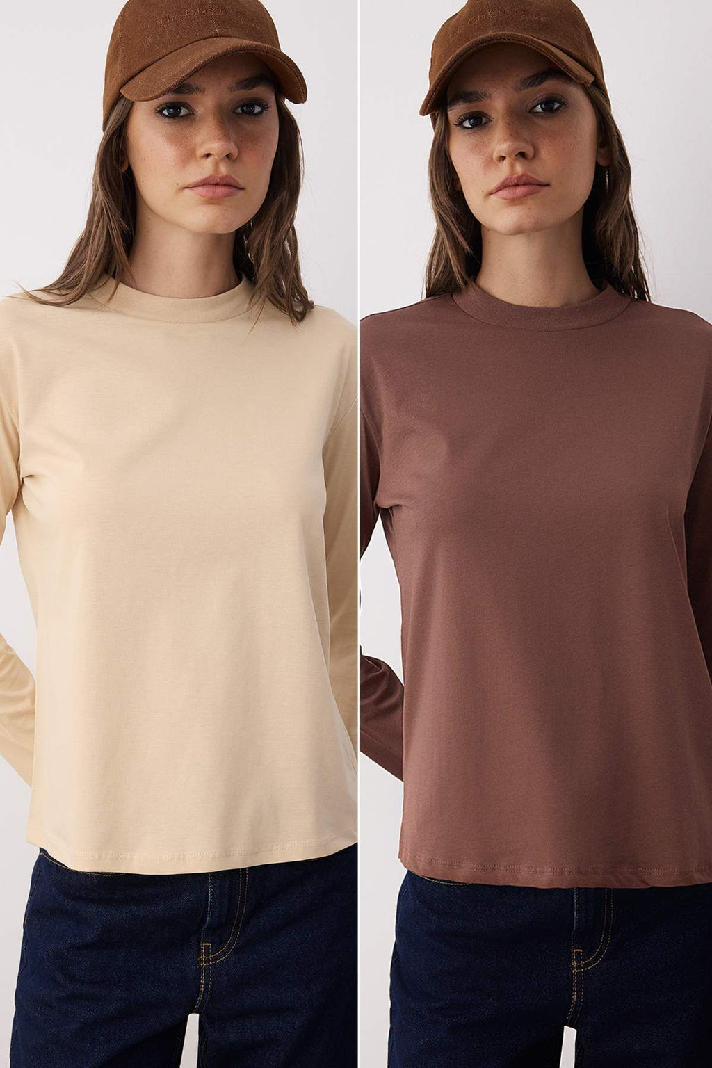 Kahverengi-Bej 2li Paket %100 Pamuk Regular Kal?p Uzun Kollu Dik Yaka Orme T-Shirt TWOAW26TS00006