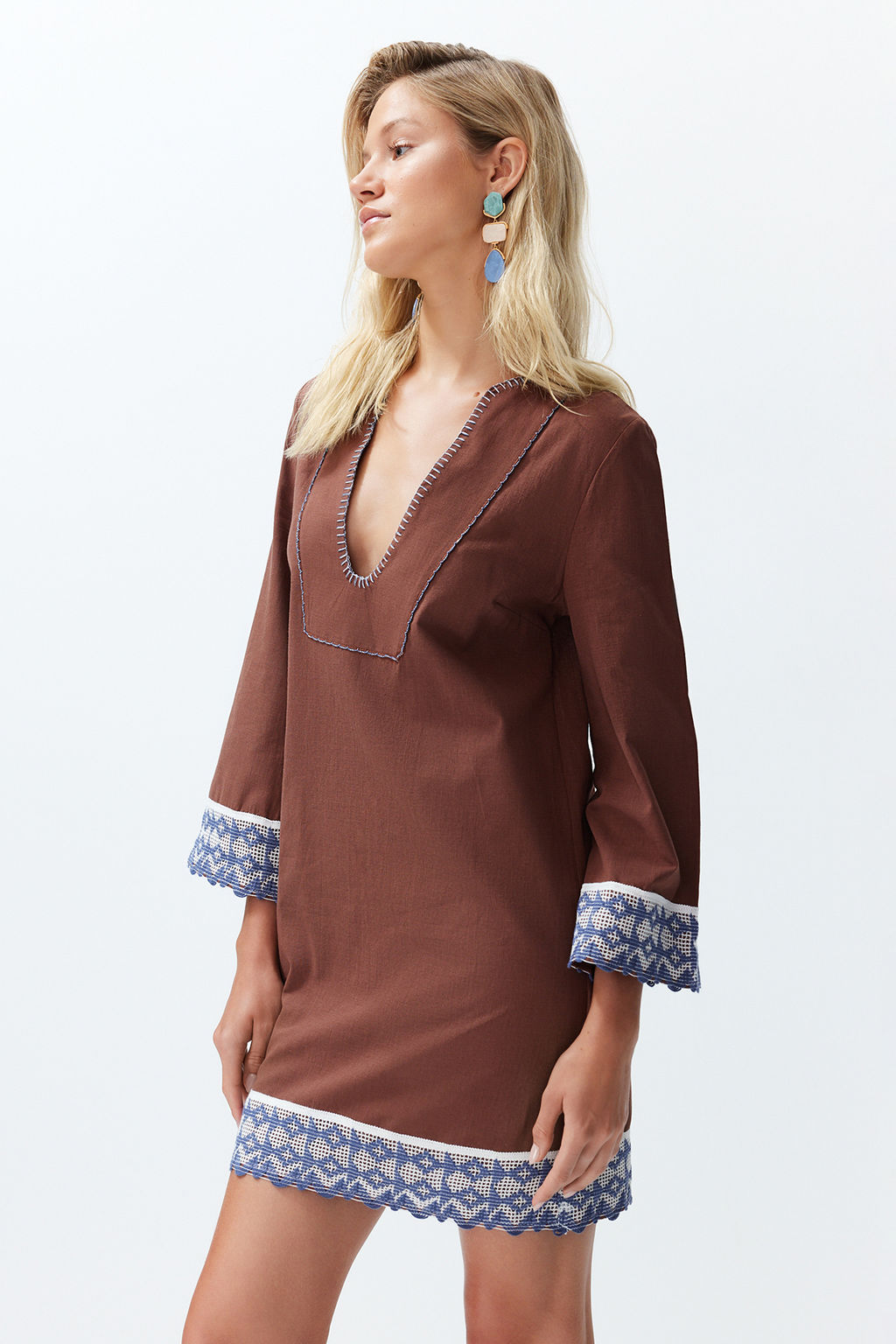 KahverengI Mini Dokuma Serit Aksesuarl? %100 Pamuklu Plaj Elbisesi TBESS24EL00094