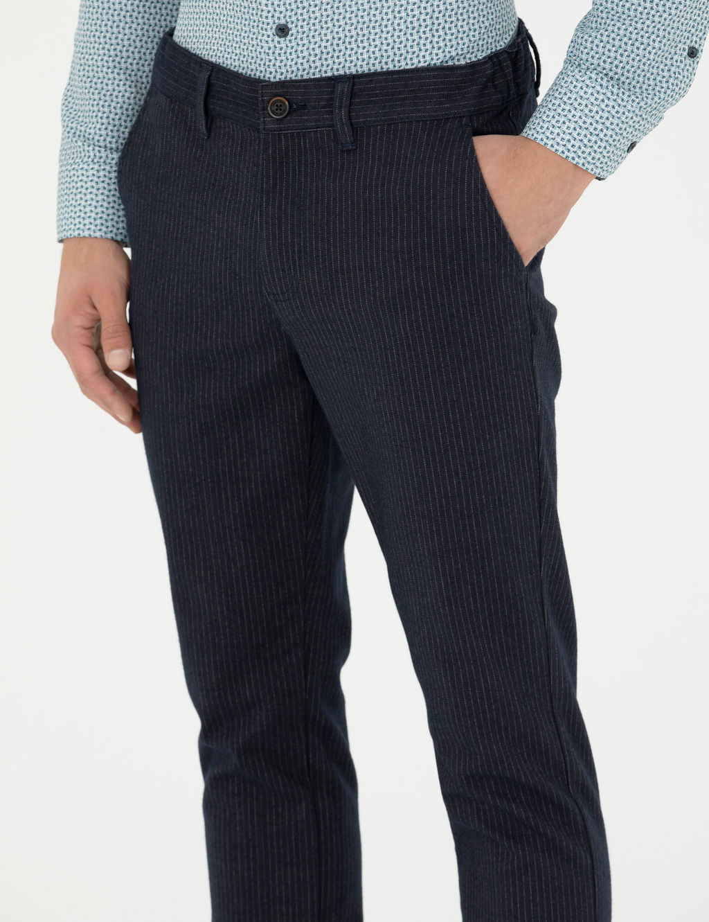 Lacivert Slim Fit _izgili Kanvas Pantolon
