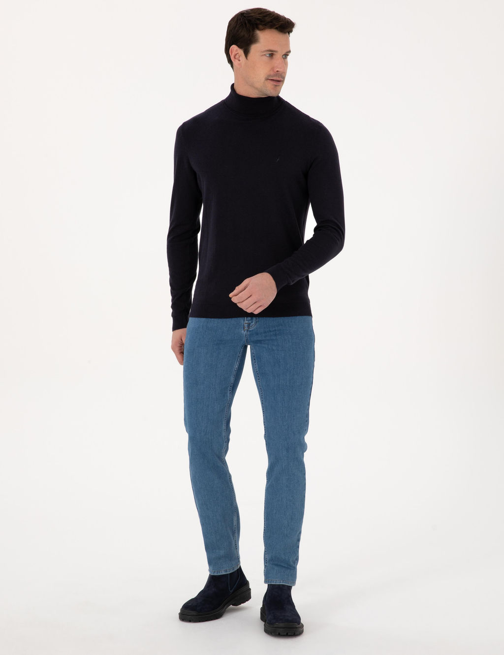 Lacivert Slim Fit Pamuk Kar___ml_ Bal_k__ Yaka Basic Triko Kazak